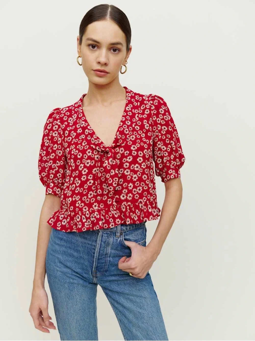 Reformation Sloan Top Red Floral Tie-Front Blouse